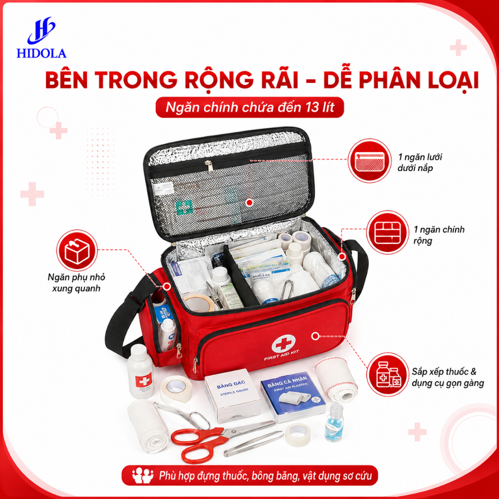 Túi Y Tế Giữ Nhiệt, Túi Cứu Thương HIDOLA Có Quai Xách Tiện Lợi Phù Hợp Cá Nhân, Gia Đình Dung Tích 15 LÍT, 9124