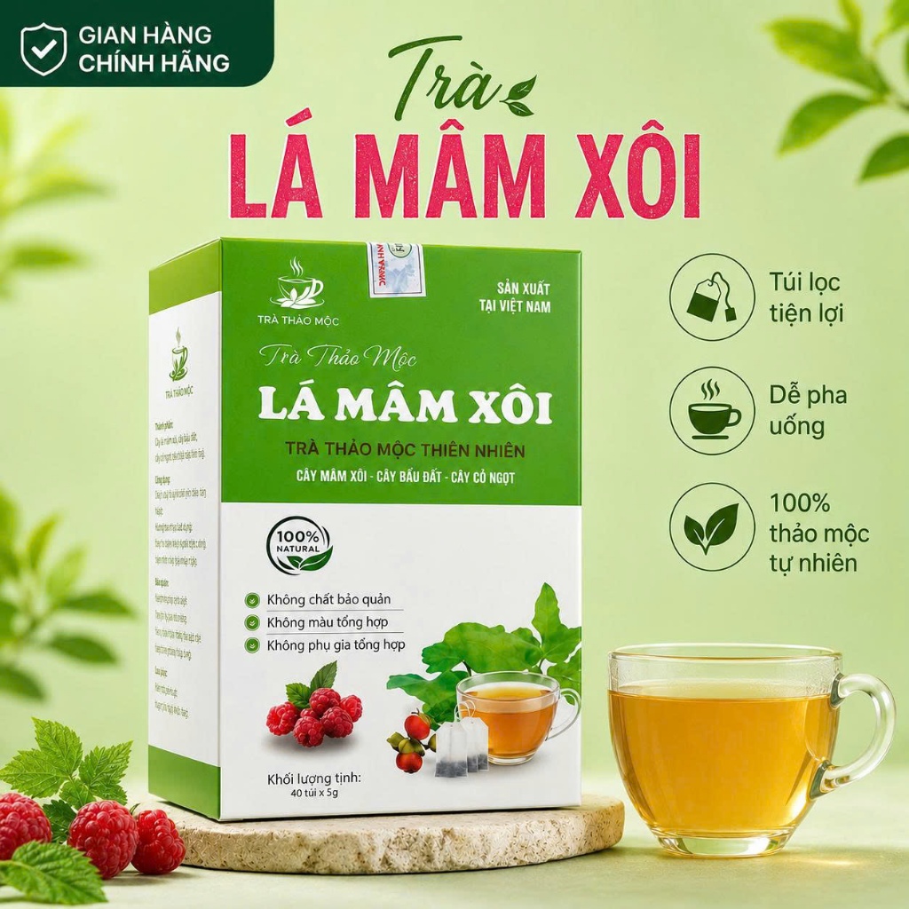 Trà Túi Lọc Lá Mâm Xôi LH – 100% Tự Nhiên, Không Chất Bảo Quản, Hộp 40 Túi