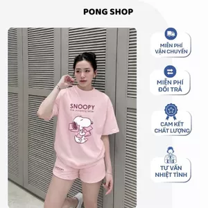 Bộ thun Nữ PONG Áo phông SNOOPY,Cổ Tròn,Tay Ngắn,Phối Quần short ,Chất Cotton Cao Cấp - CP_23839