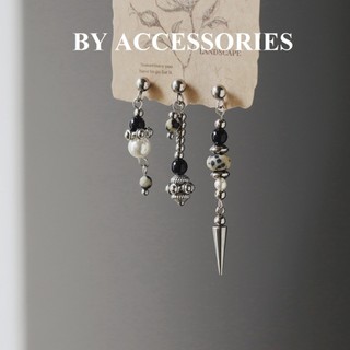 Bông tai nữ unisex titan vintage Mystic series xích phối hạt ngọc thạch anh tím không gỉ WE2657 BY ACCESSORIES
