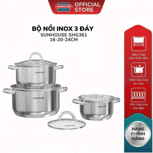 Bộ Nồi Inox 3 Đáy Sunhouse SHG361 - Hàng Chính Hãng, Bắt Từ Tốt, Vung Kính Cường Lực
