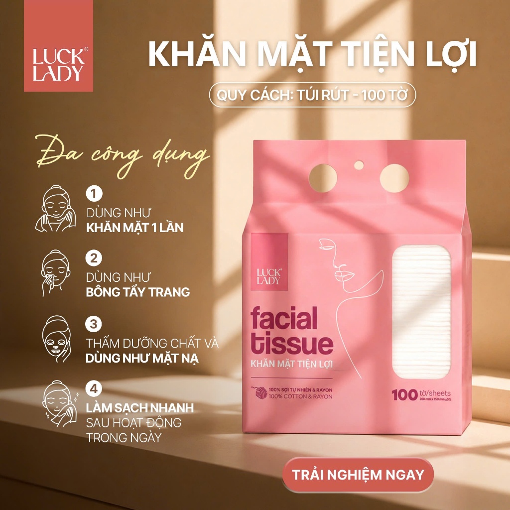 [MỚI-VC 25%]Túi khăn mặt khô dùng 1 lần Luck Lady cao cấp 100 tờ/túi,khăn dành riêng cho da mặt, phù hợp cho da nhạy cảm