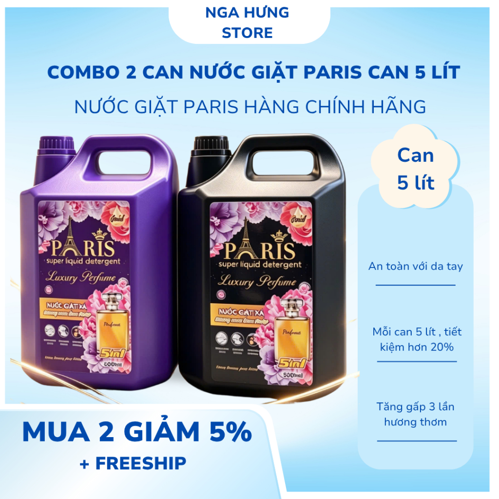 COMBO 2CAN ( HOẶC 2TÚI ) NƯỚC GIẶT PARIS HƯƠNG HOA PHÁP, AN TOÀN CHO DA,LÀM SẠCH NHANH