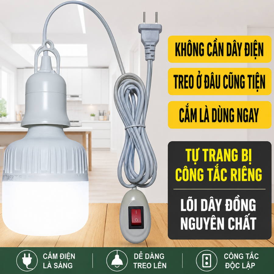 Dây đuôi đèn liền công tắc Đui đèn liền dây E27 có móc treo công tắc liền phích cắm an toàn tiện dụng dây dài 4,5m 9,5m