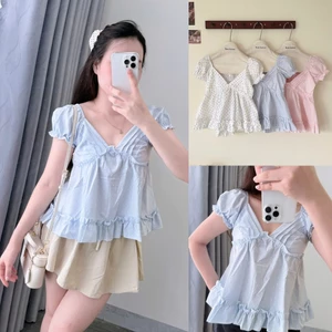 Áo Babydoll Cổ V Xếp Ly Tay Ngắn Mùa Hè, Áo Kiểu Ulzzang Phù Hợp Đi Dạo Phố , Đi Biển (B529)