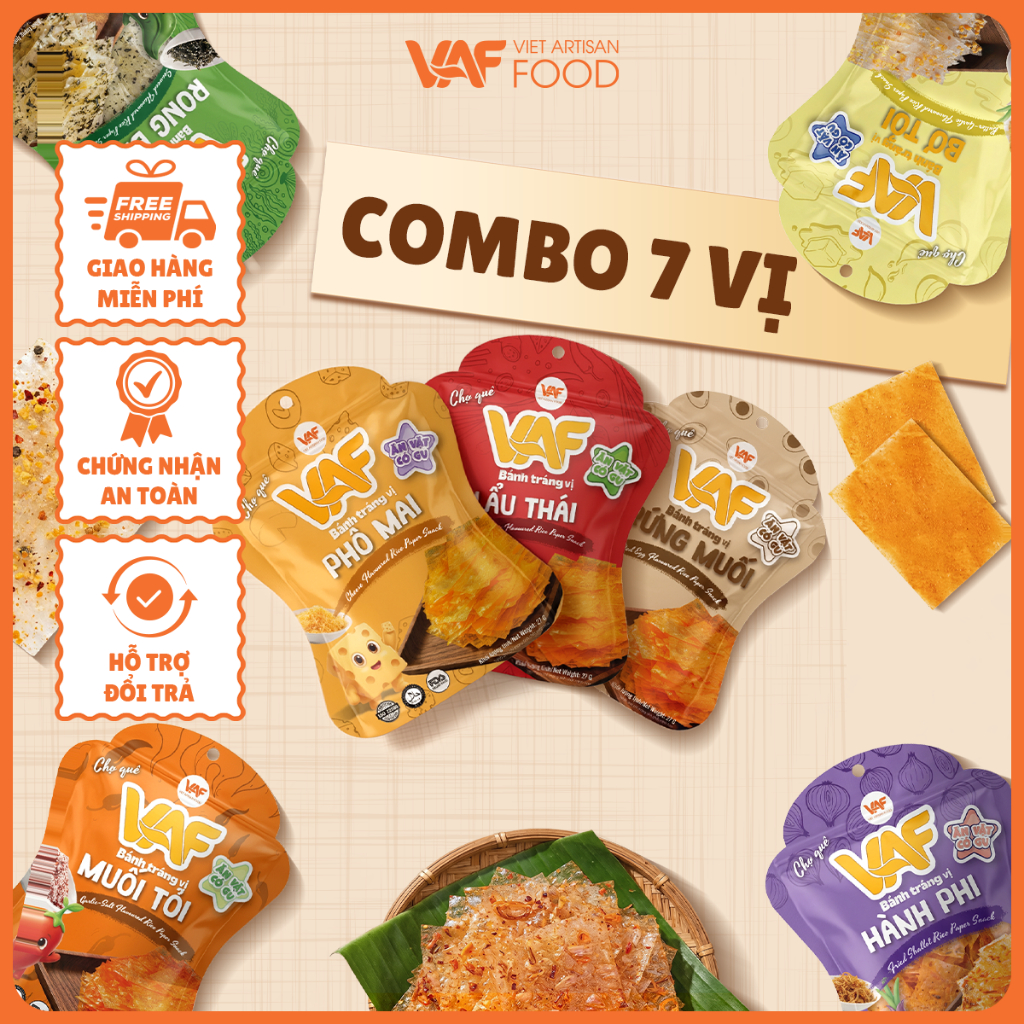 Combo 7 Gói Bánh Tráng VAF 27gr Rong Biển, Lẩu Thái, Phô Mai, Trứng Muối, Hành Phi, Bơ Tỏi, Muối Tỏi