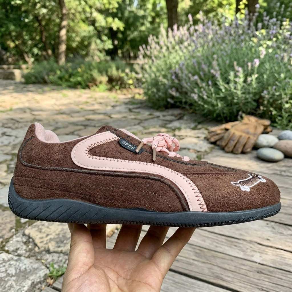 Giày Sneaker Hàn Quốc Nữ Da Lộn Màu Nâu Phối Hồng,Đen Phối Trắng,Đỏ Phối Trắng, Đế Bệt Êm Chân Đi Học Đi Chơi