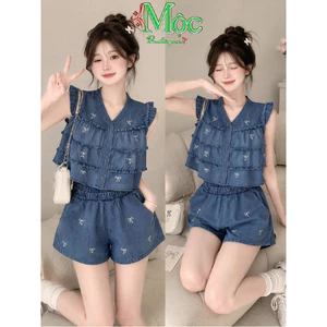 Set bộ Jean mặc nhà, Set mặc hè, Set đồ Jean babydoll Bò sát nách in nơ bèo mix quần short (L)
