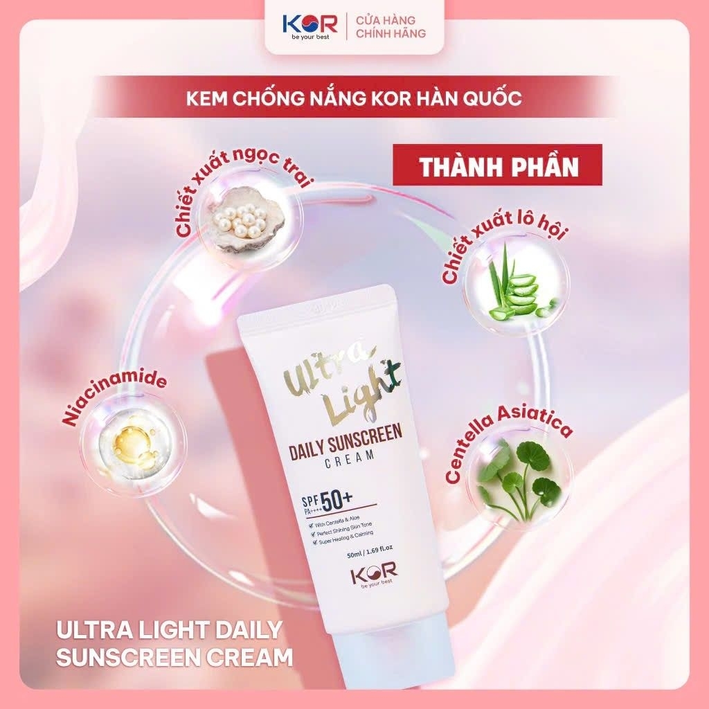 Kem chống nắng KOR Hàn Quốc 50ml nâng tone, dưỡng da, giữ ẩm. Tặng bộ kit 5 sản phẩm chăm sóc da KOR