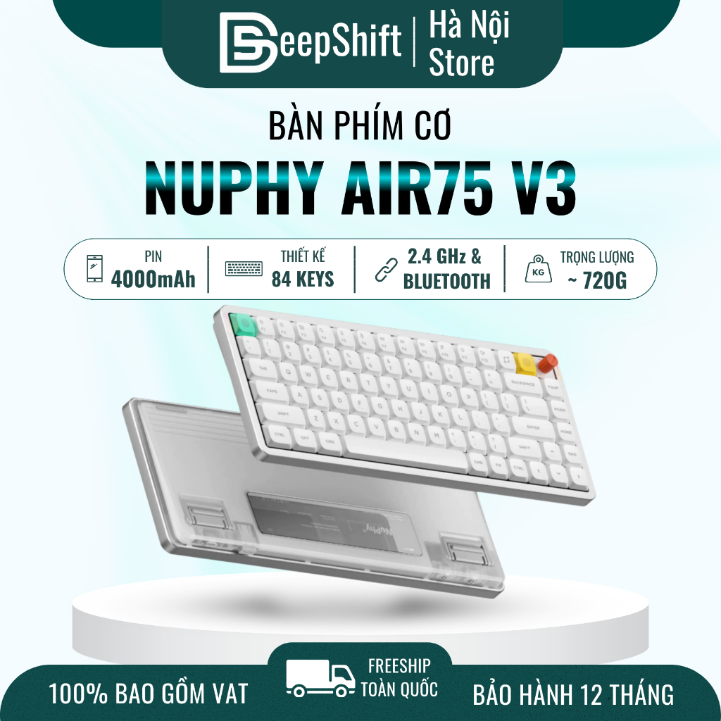 Bàn phím cơ NuPhy Air75 V3 | 84 phím | Nano Switch | Bluetooth / 2.4GHz / USB-C | Pin 4000mAh | RGB