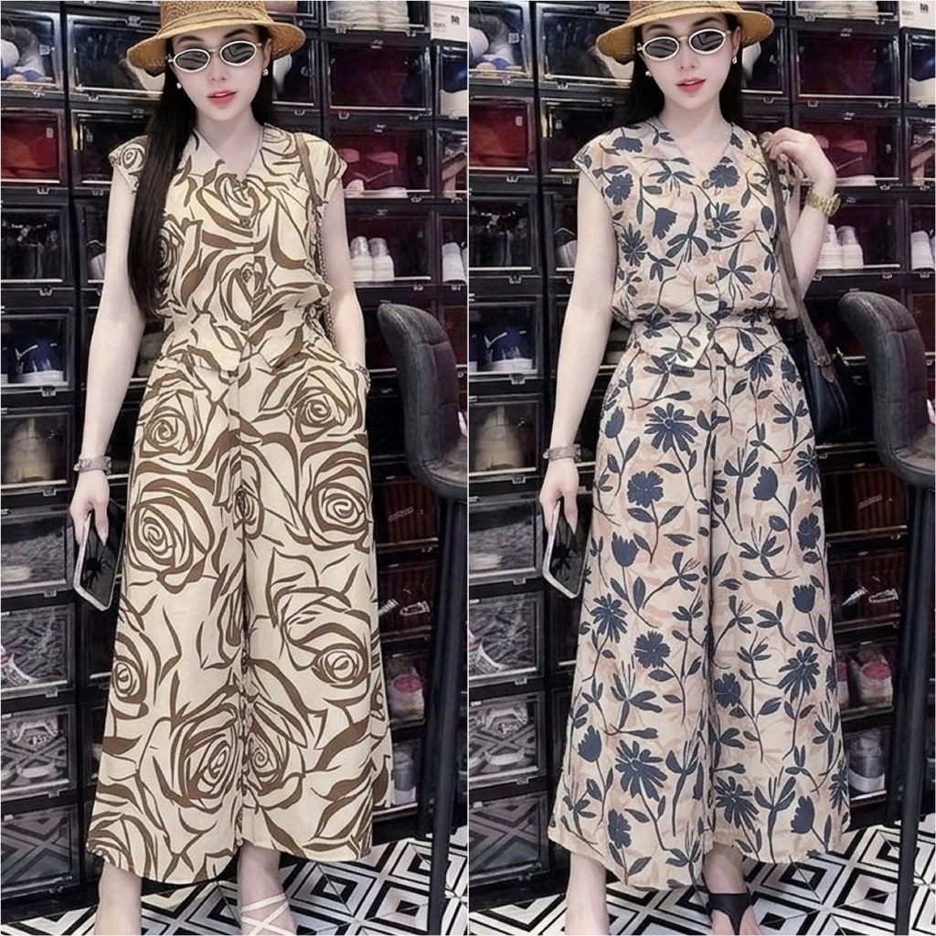 HT50, Sét áo tay rơi, quần ống rộng giả váy. Sét chất voan lụa đủ size 40-70kg.