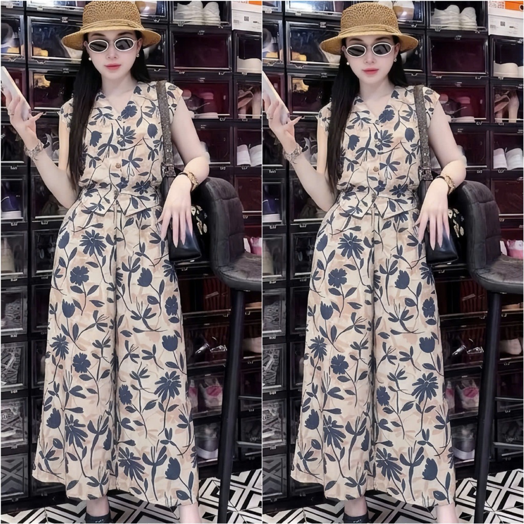 HT50, Sét áo tay rơi, quần ống rộng giả váy. Sét chất voan lụa đủ size 40-70kg.