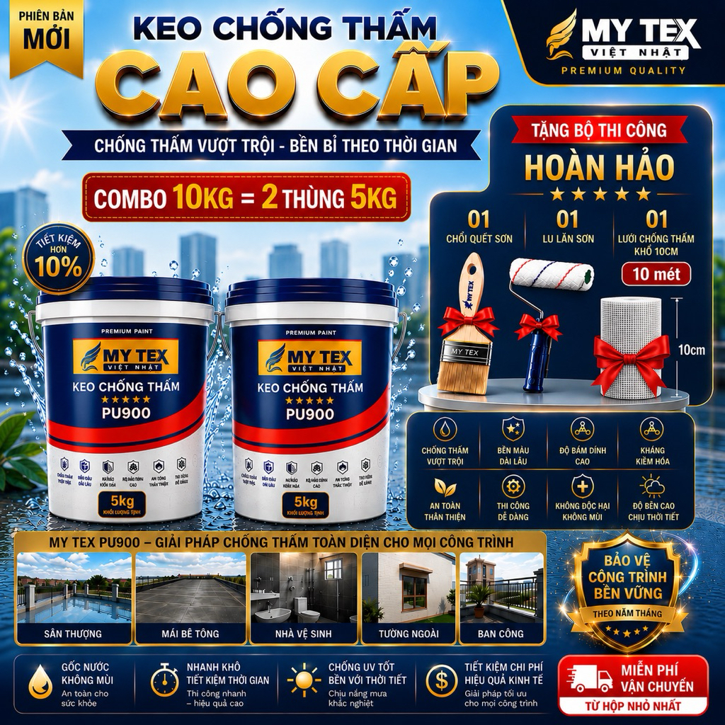 Combo 10kg chống thấm PU900 MyTex Việt Nhật màu GHI Tặng 1 lu lăn + 1 ...