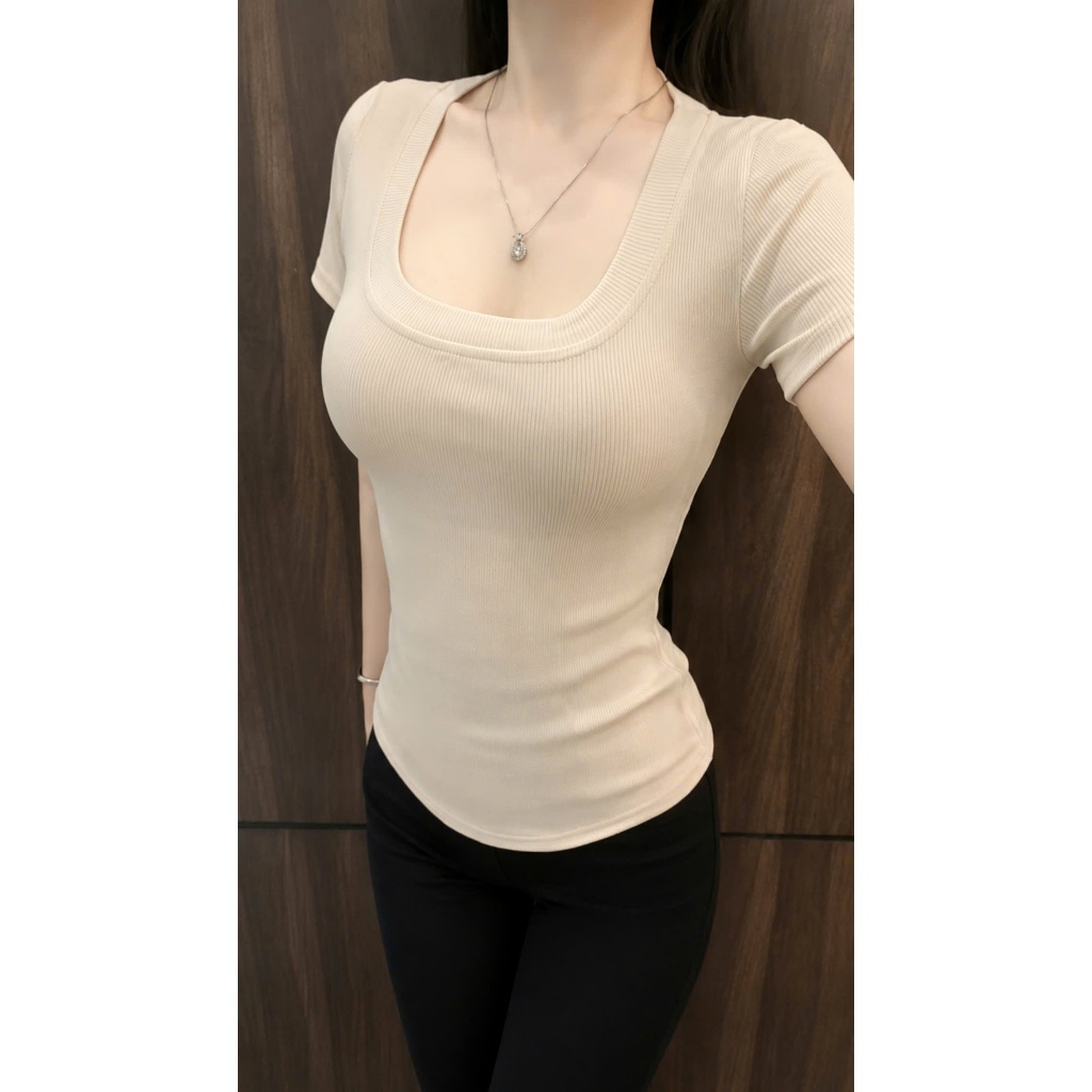 Áo Thun Gân Tăm Nữ Cổ Vuông Ôm Body Tôn Dáng Co Giãn 4 Chiều A9