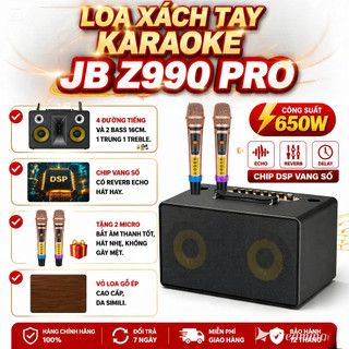 Loa Xách Tay Karaoke JB Z990 PRO, 2 Bass Đôi, Kèm 2 Mic Hát Nhẹ,Chống Hú,Chip Vang Số Có Reverb Echo Hát Hay.
