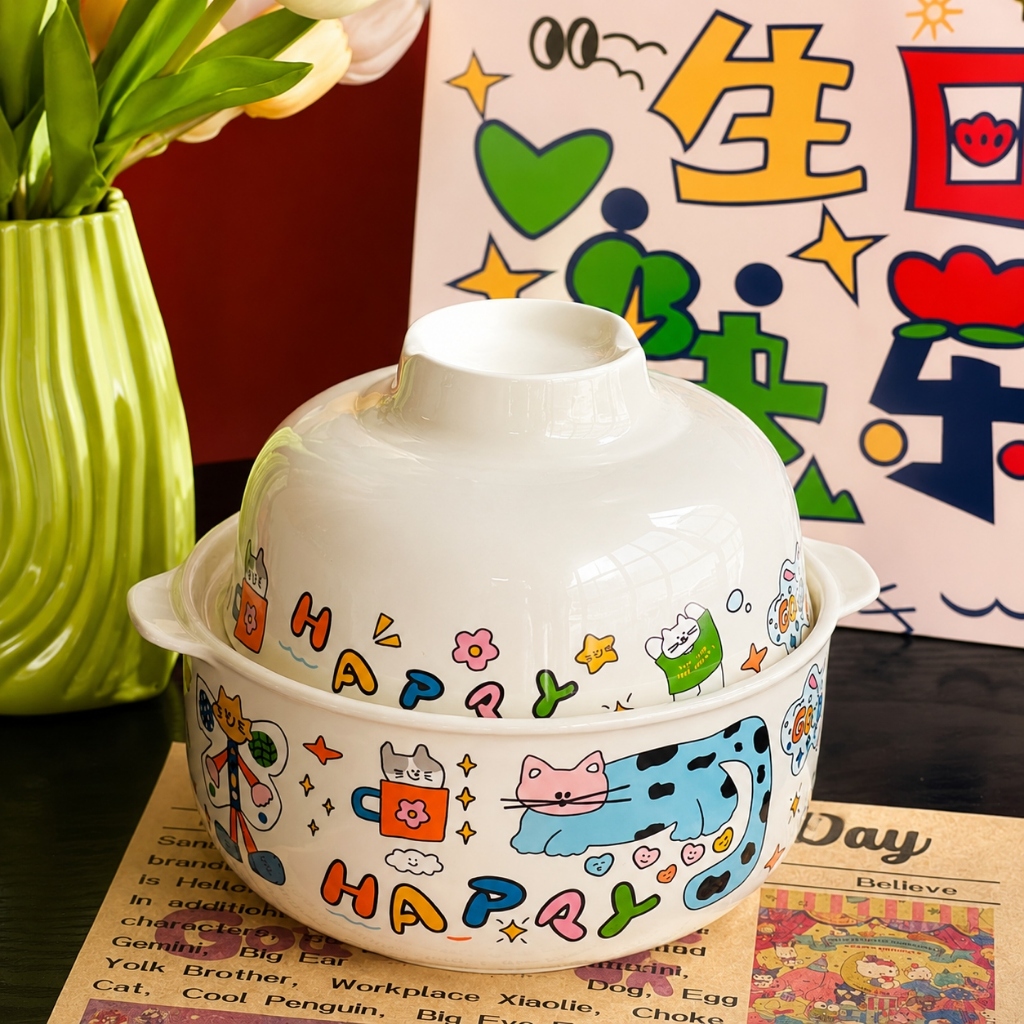 Bát Sứ Ăn Mì Dung Tích Lớn 1000ml – Tô Ăn Mì, Cháo, Cơm Hoạ Tiết Dâu Tây Dễ Thương Phong Cách Hàn Quốc