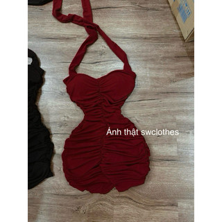 Đầm body nhún fom ôm body fit dáng cột yếm sang chảnh thun ladong mịn