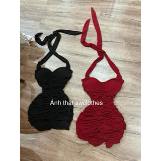 Đầm body nhún fom ôm body fit dáng cột yếm sang chảnh thun ladong mịn