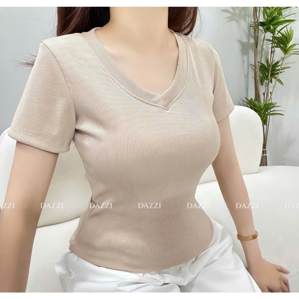 Áo Thun Gân Tăm Nữ Cổ Tim Ôm Body Co Giãn 4 Chiều Basic Hàn Quốc A8