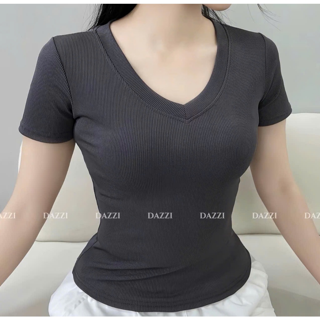 Áo Thun Gân Tăm Nữ Cổ Tim Ôm Body Co Giãn 4 Chiều Basic Hàn Quốc A8