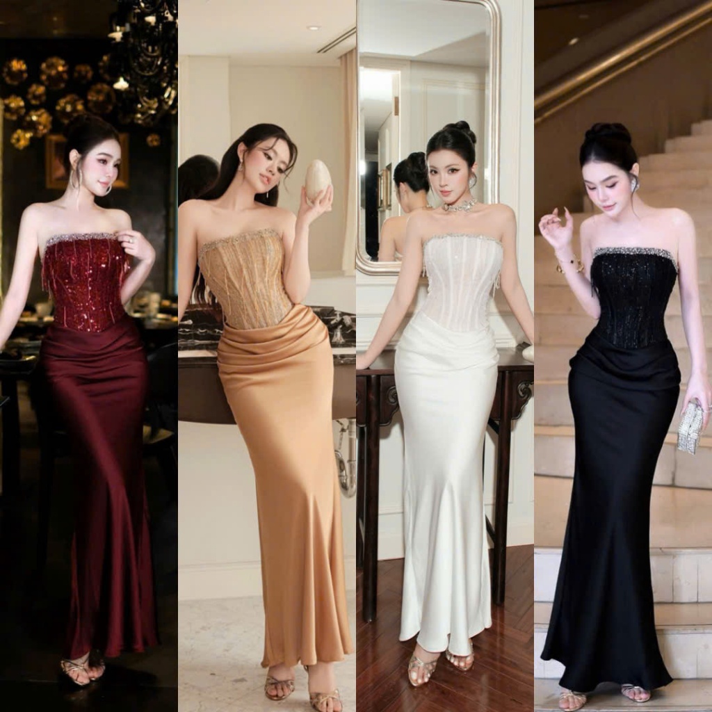 Đầm Lụa Corset Cup Ngực Đính Đá Tôn Dáng Sang Chảnh