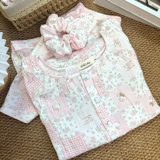 Đồ ngủ nữ tay ngắn quần đùi – Pyjama vải xô muslin cổ tròn hoạ tiết | KNG.studio (Tặng kèm dây buộc tóc scrunchies)