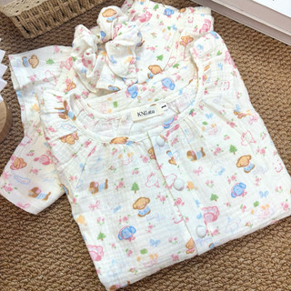 Đồ ngủ nữ tay ngắn quần đùi – Pyjama vải xô muslin cổ tròn hoạ tiết | KNG.studio (Tặng kèm dây buộc tóc scrunchies)