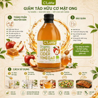 Giấm Táo Hữu Cơ Mật Ong C’LaVie 500ml Có Giấm Mẹ Nhập Khẩu Ý Vị Chua Ngọt Dễ Uống
