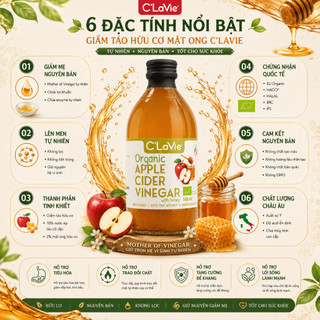Giấm Táo Hữu Cơ Mật Ong C’LaVie 500ml Có Giấm Mẹ Nhập Khẩu Ý Vị Chua Ngọt Dễ Uống