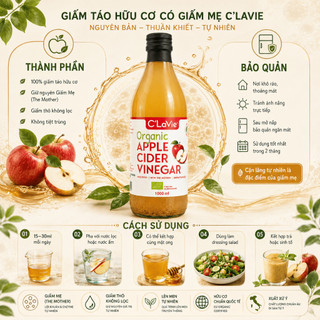 Giấm Táo Organic C’LaVie 500ml/1000ml Có Giấm Mẹ Nhập Khẩu Ý Hỗ Trợ Pha Uống, Trộn Salad