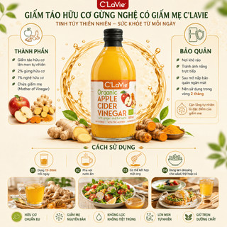 Giấm Táo Hữu Cơ Gừng Nghệ C’LaVie 500ml Nhập Khẩu Ý Hỗ Trợ Ăn Uống Lành Mạnh