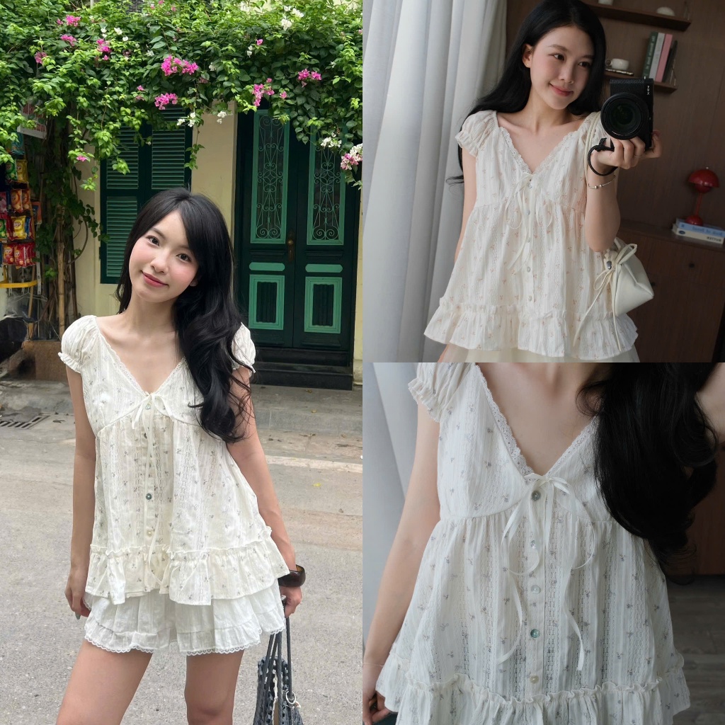 Iris Top (TSW) Áo babydoll hoạ tiết hoa đính nơ tay bo chun Nữ the.sweaterweather