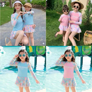 Set bơi bé gái áo dài tay+chân váy sz 10-60kg, đồ bơi mẹ bé chất thun bơi co giãn 4c