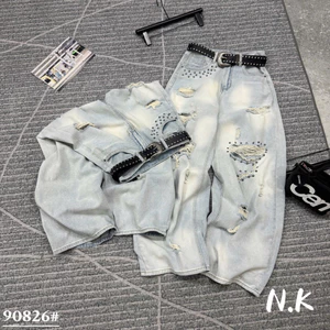 📍Quần Xuông Jeans cào rách màu xanh bạc siu chất phối tán đinh kèm belt hottrend QC loại 1 e về hàng ‼️