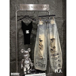 📍Quần Jeans xuông loang cào rách xanh ánh dơ phối chân chữ siu xinh hottrend QC loại 1 e về hàng‼️