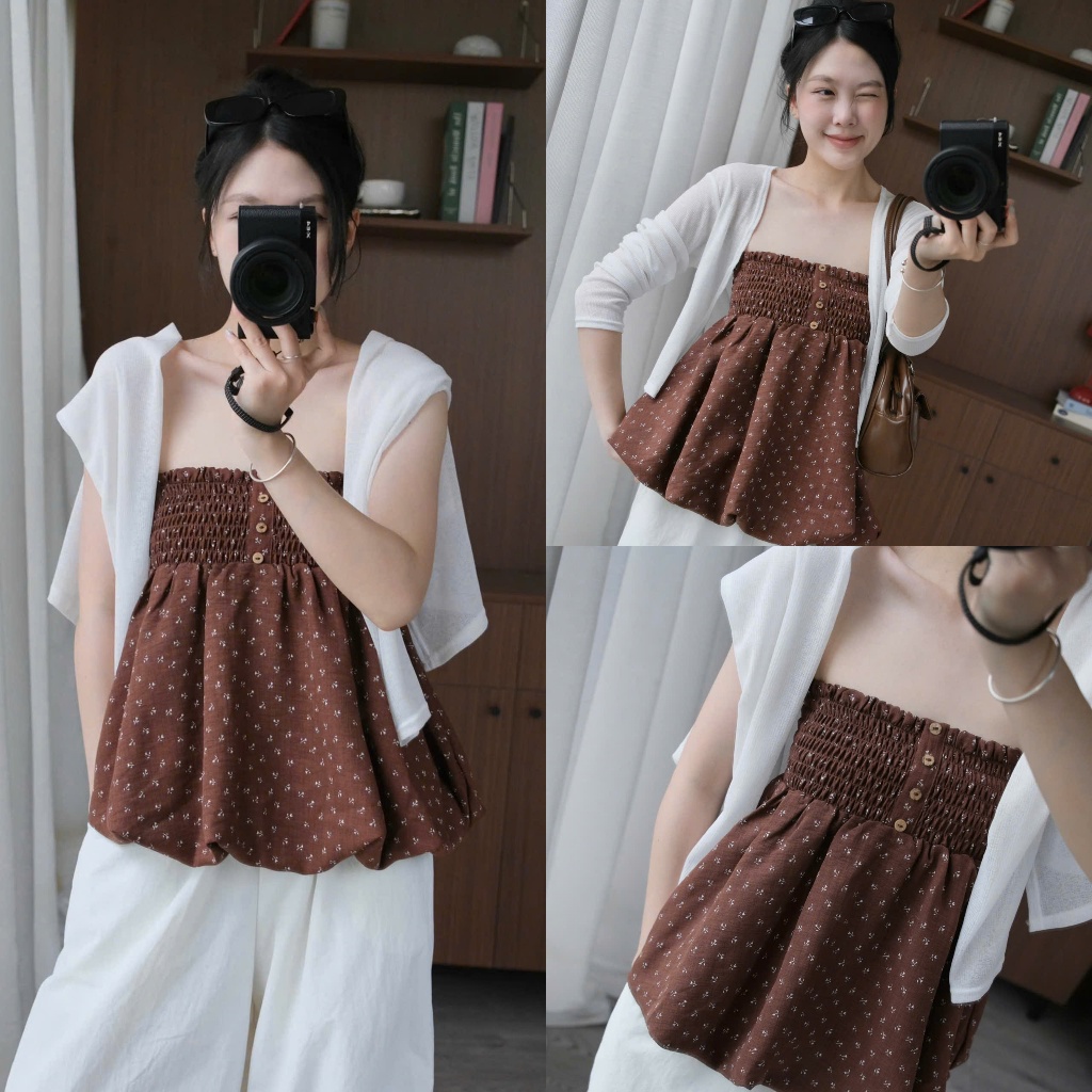 Mia Top (TSW) Áo quây chun hoạ tiết hoa đính khuy Nữ the.sweaterweather