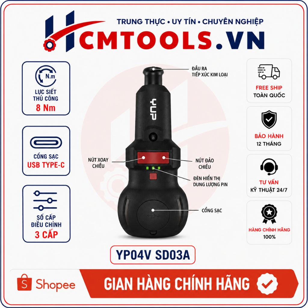 Tua Vít Pin YUP YP04- SD03A 4V 10Nm Pin 2000mAh Sạc Type-C, 3 cấp tốc độ và Lực siết thủ công : 8 Nm