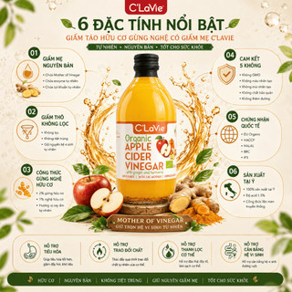 Giấm Táo Hữu Cơ Gừng Nghệ C’LaVie 500ml Nhập Khẩu Ý Hỗ Trợ Ăn Uống Lành Mạnh