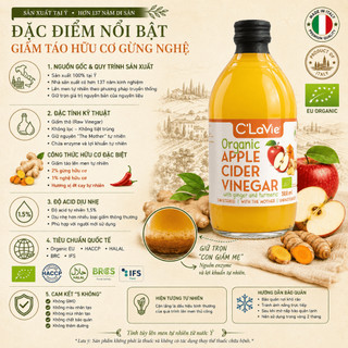 Giấm Táo Hữu Cơ Gừng Nghệ C’LaVie 500ml Nhập Khẩu Ý Hỗ Trợ Ăn Uống Lành Mạnh