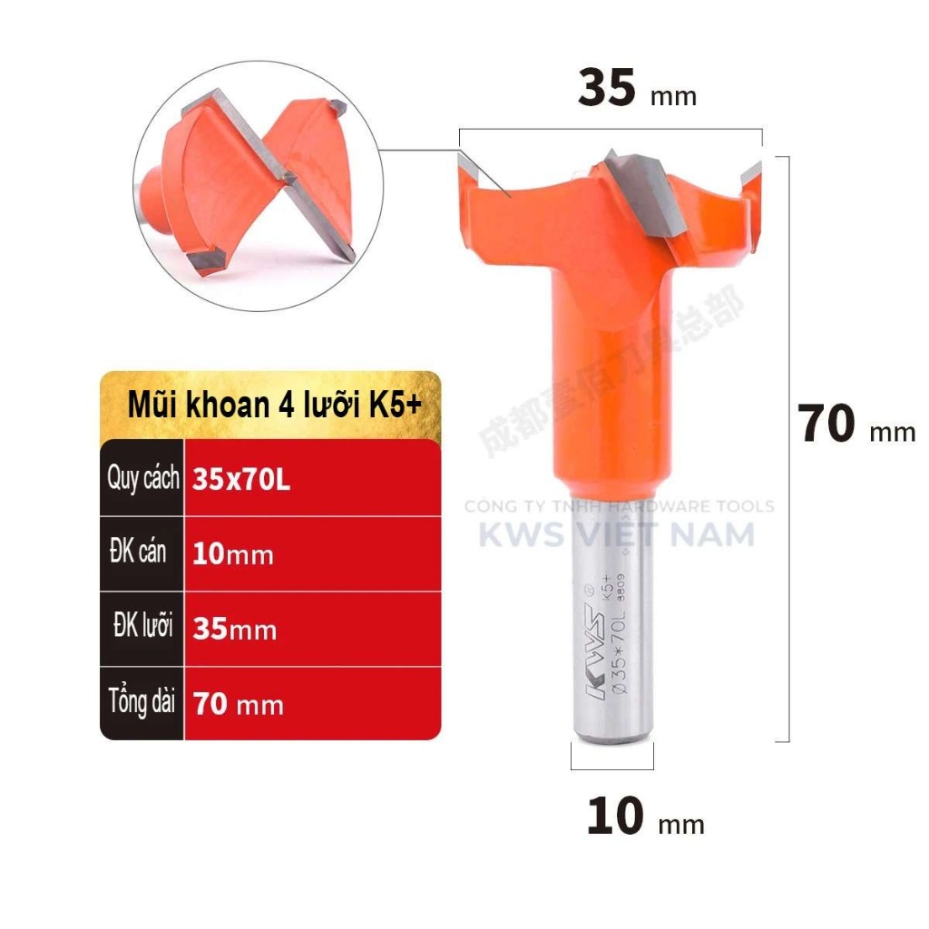 Mũi Khoan Bản Lề 35mm 37mm KWS Hợp Kim TCT Chuôi 10mm/12.7mm – Khoan Gỗ MDF Plywood CNC