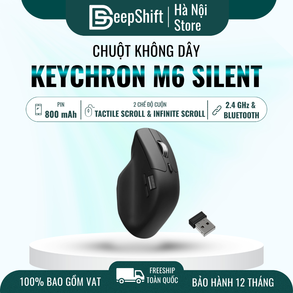 Chuột không dây Keychron M6 Silent 3 Mode Pixart 3311 26000 DPI 2 Scroll 800mAh