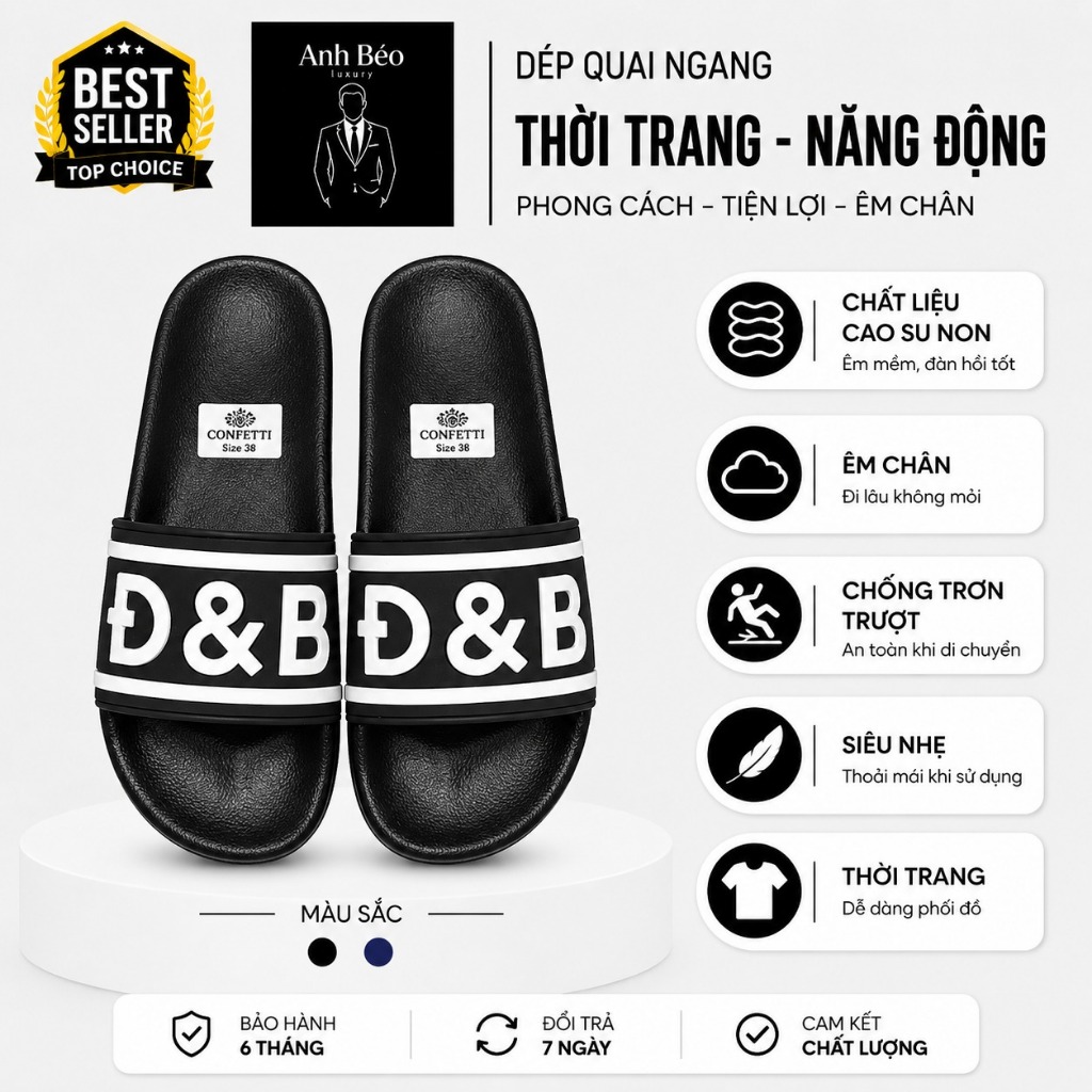 Dép quai ngang Đ&B - Quai In nổi - Đế PU cao cấp