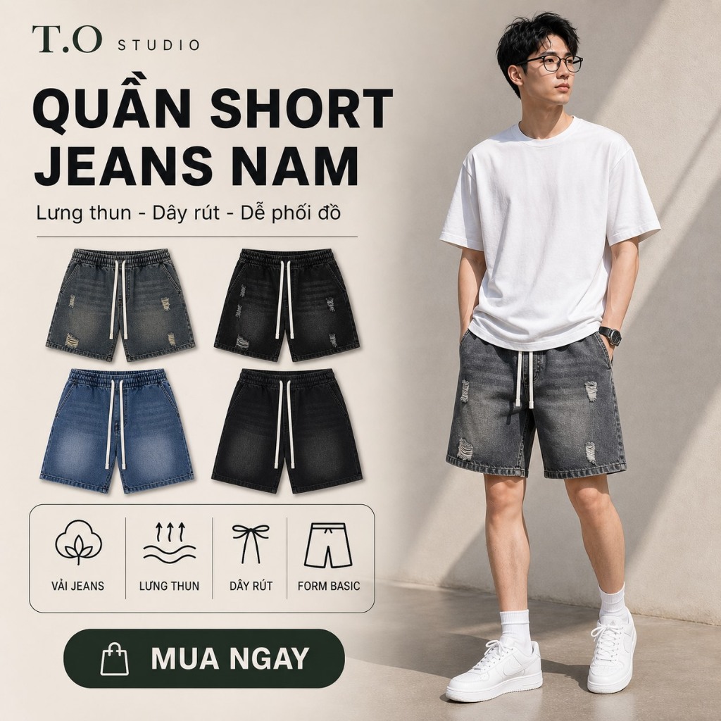 Quần Short Jean Nam Xước Form Trên Gối T.O Studio Cạp Chun Co Giãn Thoải Mái Dễ Mặc