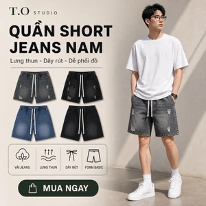 Quần Short Jean Nam Xước Form Trên Gối T.O Studio Cạp Chun Co Giãn Thoải Mái Dễ Mặc