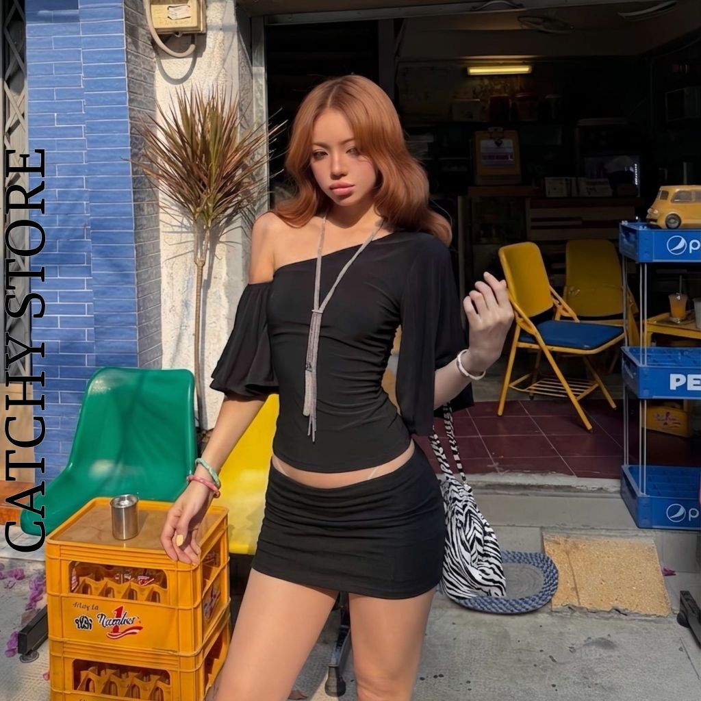 Set Áo Kiểu Lệch 1 Vai Tay Loe Chân Váy Ôm Ngắn Tôn Dáng Thun Ladong CATCHYstore | BigBuy360 - bigbuy360.vn