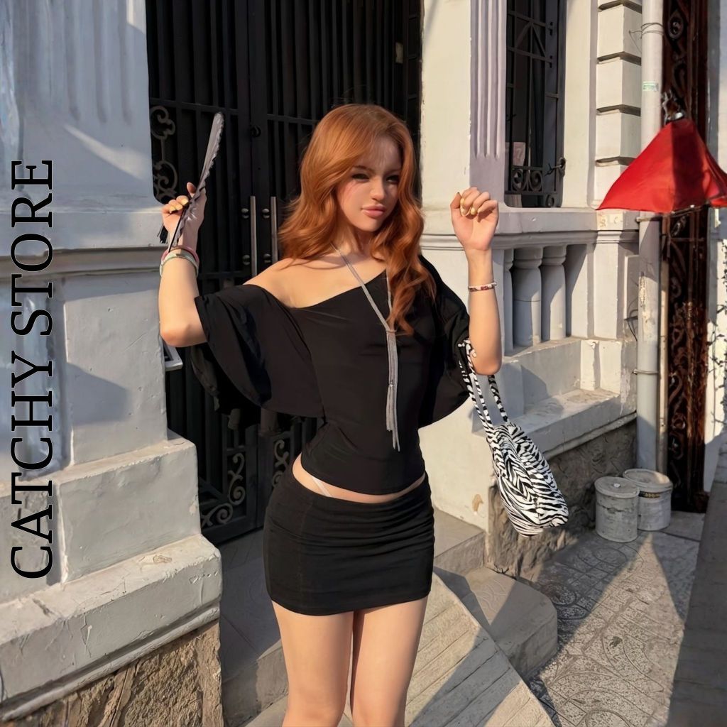 Set Áo Kiểu Lệch 1 Vai Tay Loe Chân Váy Ôm Ngắn Tôn Dáng Thun Ladong CATCHYstore | BigBuy360 - bigbuy360.vn