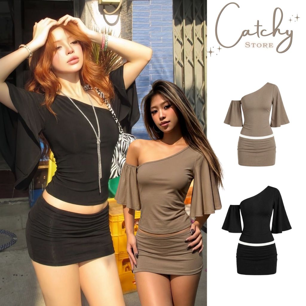 Set Áo Kiểu Lệch 1 Vai Tay Loe Chân Váy Ôm Ngắn Tôn Dáng Thun Ladong CATCHYstore | BigBuy360 - bigbuy360.vn