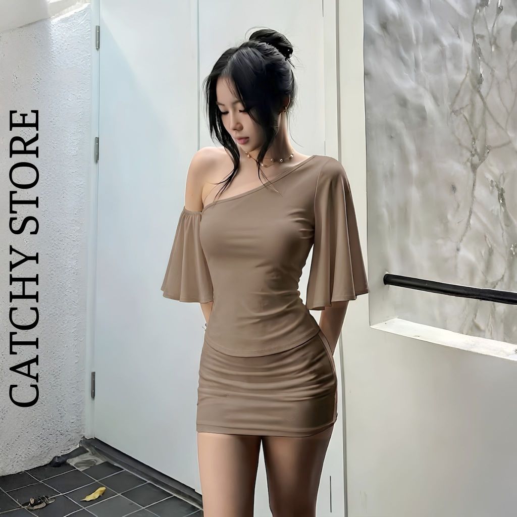 Set Áo Kiểu Lệch 1 Vai Tay Loe Chân Váy Ôm Ngắn Tôn Dáng Thun Ladong CATCHYstore | BigBuy360 - bigbuy360.vn