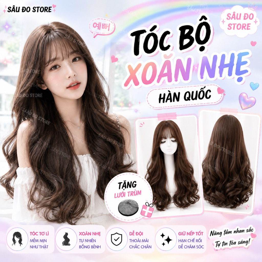[HÀNG SIÊU CẤP] TÓC GIẢ NGUYÊN ĐẦU XOĂN NHẸ MÁI THƯA TIỂU THƯ ẢNH THẬT