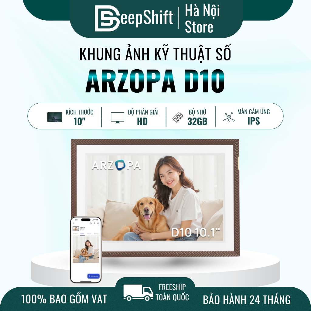 Khung ảnh/ video kỹ thuật số ARZOPA D10 WiFi 10.1" Cảm ứng IPS HD 1280x800,Bộ nhớ 32GB,Tự động xoay